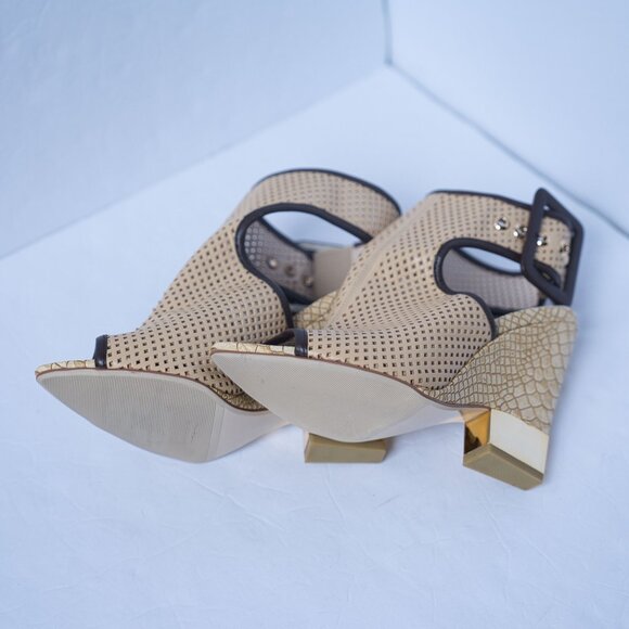 Glossi Perforated Leather Ankle Buckle Wedge Peep Toe Sandals - Picture 7 of 10